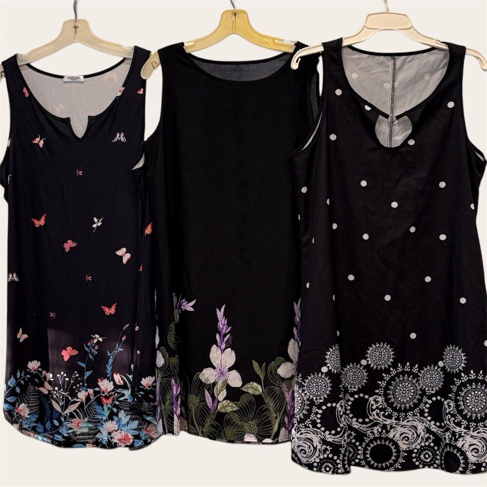 3 Bundle Ekouaer Slip Dresses Black Floral Butterflies Sleeveless Knee Strtch ML